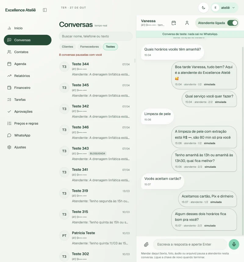 Conversa de teste com cliente fictícia no painel do Excellence Ateliê