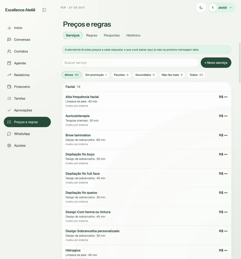 Catálogo de serviços e regras no painel do Excellence Ateliê