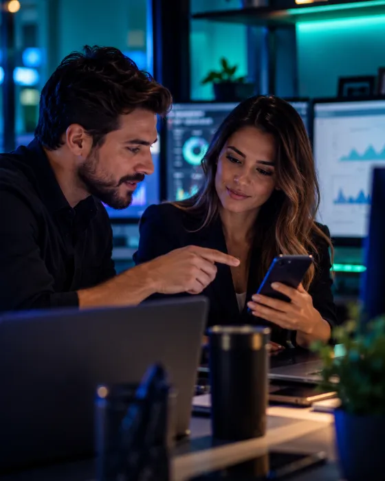 Equipe de agência olhando o celular em frente a monitores com gráficos