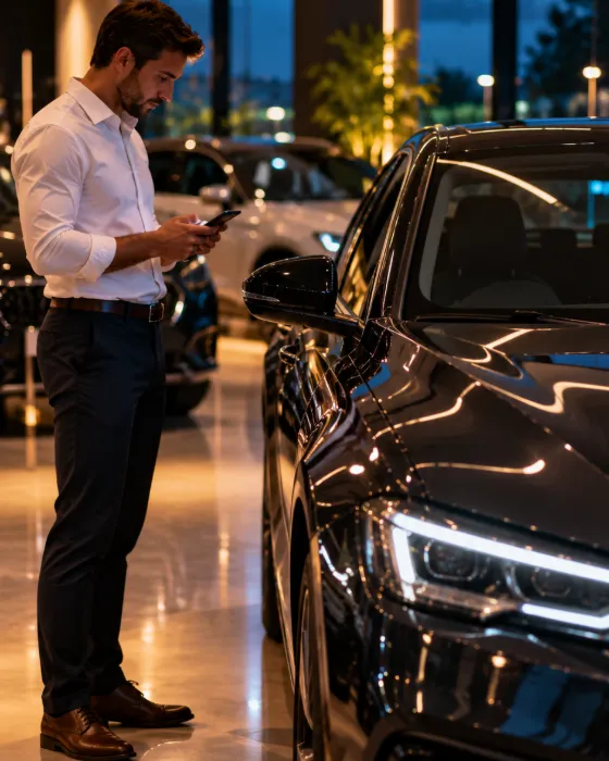 Vendedor olhando o celular ao lado de um carro no showroom